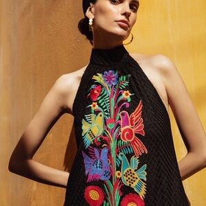 Judith March Black Embroidered Halter Maxi Dress Colorful Bird Floral Boho Size